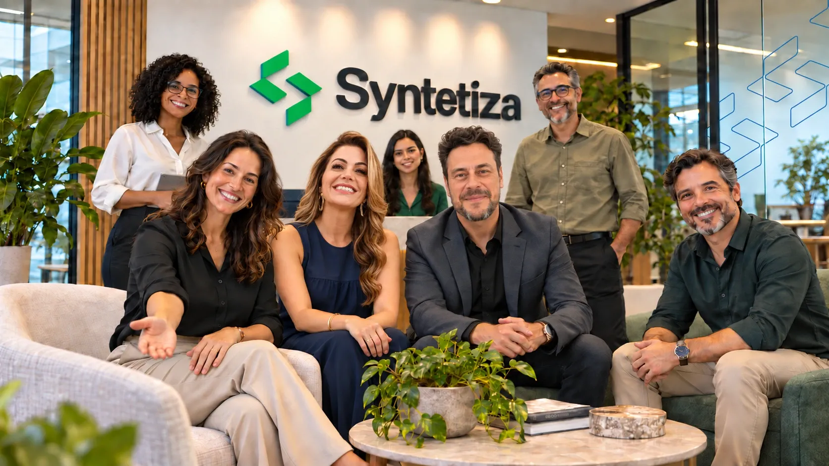 Equipe Syntetiza reunida no escritório, sorrindo, diante do logo da marca